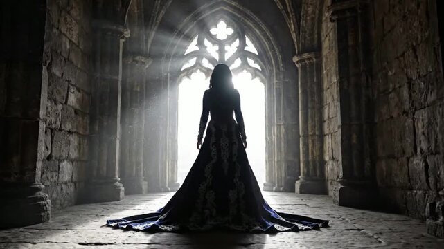 Mysterious Silhouette Woman in Elegant Gown Standing in Ancient Castle Hallway with Light Rays