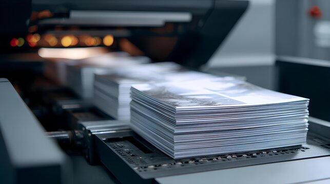 Industrial Printing: A close-up view of a high-speed printing press in action, producing stacks of pristine paper, symbolizing the efficiency and power of modern industry.