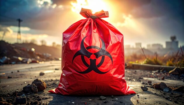 A FlyPro Firefly Red biohazard containment bag with a secure tie closure, captured in a high-resolution photographic style under stark, direct light, symbolizing hazardous material management.