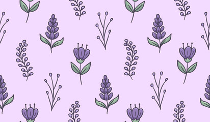Cute lavender flower doodle background. Spring floral pattern background. Lilac flower and leaves seamless pattern for textile. Hand drawn lavender flower and leaf line art illustration. © Dean
