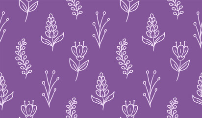 Cute lavender flower doodle background. Spring floral pattern background. Lilac flower and leaves seamless pattern for textile. Hand drawn lavender flower and leaf line art illustration. © Dean