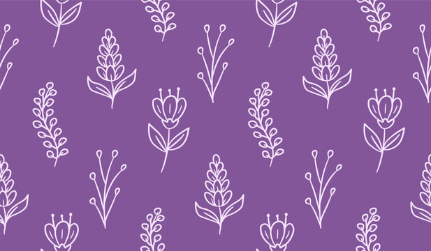 Cute lavender flower doodle background. Spring floral pattern background. Lilac flower and leaves seamless pattern for textile. Hand drawn lavender flower and leaf line art illustration.
