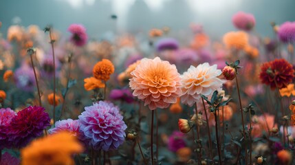 Floral Symphony: A vibrant garden bursts with an array of colorful dahlia flowers, creating a visually stunning spectacle that celebrates the beauty and diversity of nature. 