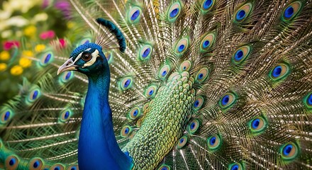 Peacock displays its vibrant iridescent blue and green tail feathers in a bright, colorful garden setting.