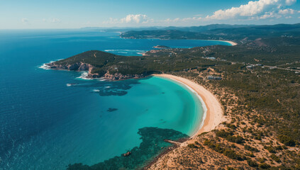 Fototapeta premium Turquoise bay aerial beach curve, sandy shore, coastal vegetation, clear water