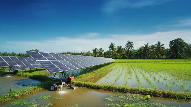 Solar panels generating clean energy in a lush green paddy field