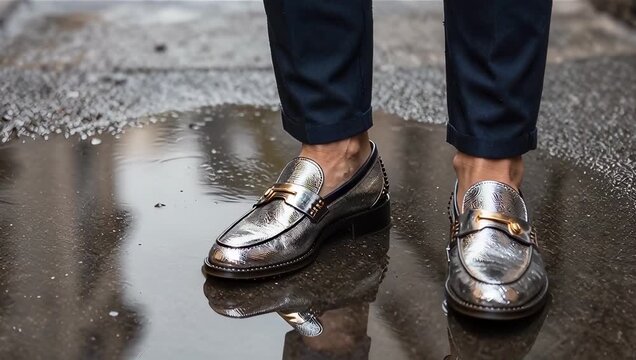 Stylish Mens Metallic Loafers in Urban Setting with Reflection