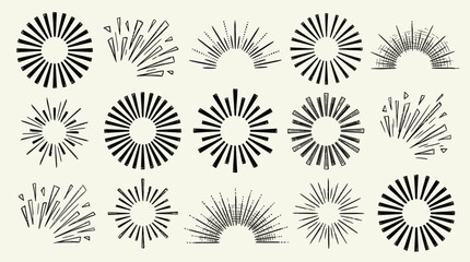 Hand-Drawn Sunburst Elements Vector &ndash; Black Radial Lines, Halos, and Decorative Bursts for Vintage Logos, Emblems, Backgrounds, and Creative Design Projects