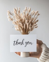 Thank You Card with Dried Grass Bouquet in Hand on Neutral Background, Minimal Gratitude Concept