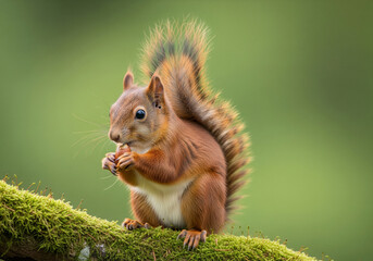 Obraz premium Red squirrel nibbling on a nut while perched on a mossy branch