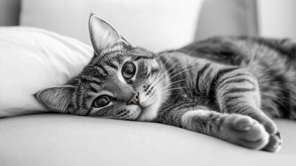 Relaxed Tabby Cat Lying on Sofa at Home in Soft Natural Light, Cozy Pet Lifestyle Concept