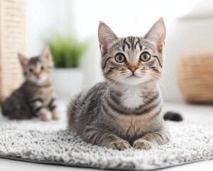 Cute tabby kittens resting on a soft carpet in a bright cozy room