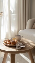 Minimal Cozy Breakfast Still Life with Fresh Pastries and Milk on Wooden Table in Soft Morning Light