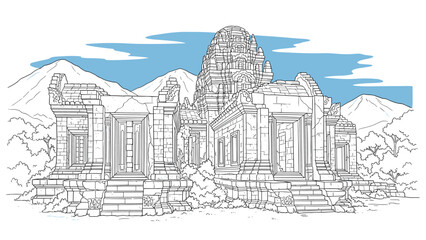 Obraz premium Ancient stone temple ruins with mountains and sky in the background, line art illustration