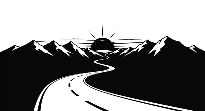 A winding road leads toward distant mountains under a radiant sun