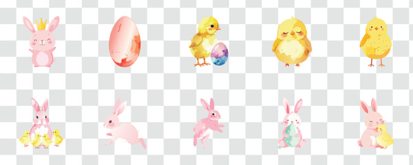 Cute Watercolor Easter Clipart Adorable Bunnies, Chicks and Pastel Eggs Collection for Spring Holiday Designs © Masud