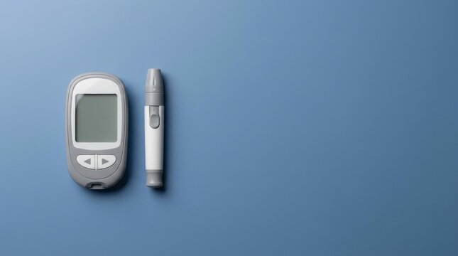 Diabetes Monitoring Device and Lancet on Blue Background.