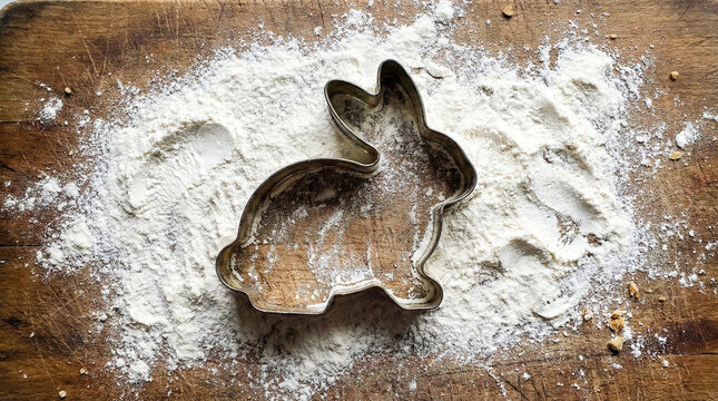 Metal Bunny Cookie Cutter on Flour-Dusted Wooden Board