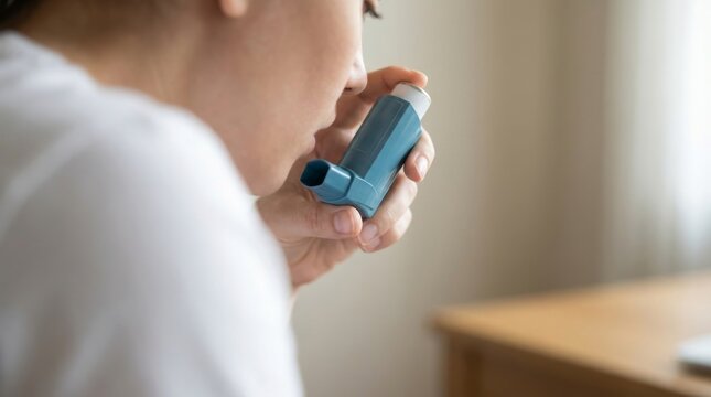 Woman using an asthma inhaler for respiratory relief at home.