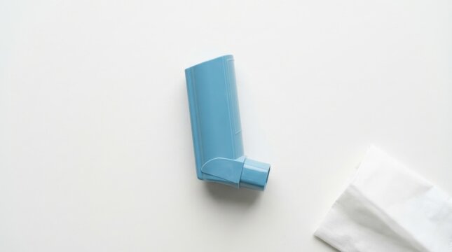 Blue Asthma Inhaler Device on a White Background.