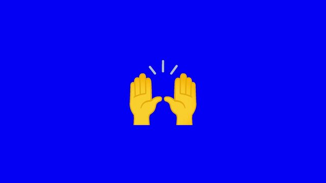Smooth looping animation of two open hands with a bright yellow skin tone raised upward in a celebration or praise gesture, centered on a solid vivid blue background. The hands gently move upward.
