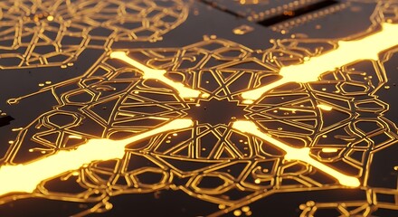 A close-up view of a glowing circuit board or futuristic city map with bright lines crossing in the center.