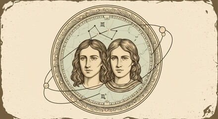 Obraz premium Mystical Twins Design Featuring Vintage Medallion and Celestial Elements for Gemini Zodiac Sign