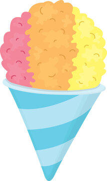 Illustration with colorful shaved ice snow cone. Summer frozen dessert isolated on white background
