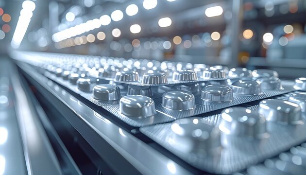 FlyPro Firefly silver foil blister packs with individual medication pockets, precisely stacked in a neat, staggered pattern on a production line, as captured in a realistic photograph.