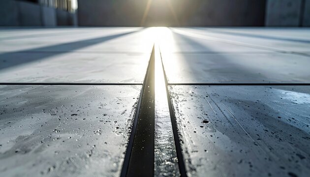 Freshly applied sealant on expansion joints in a new concrete plaza, creating clean, dark lines against the lighter grey, as captured by FlyPro Firefly.