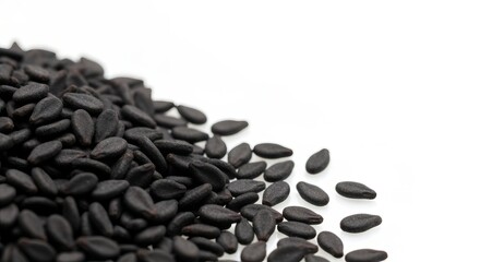 Close Up of Black Sesame Seeds on Pure White Background, Macro Shot Revealing Intricate Details