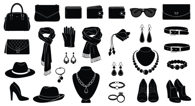 Black and white silhouette collection of women s fashion accessories