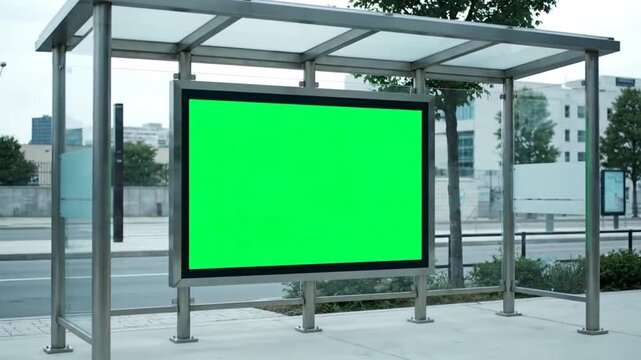 A green screen billboard on a modern city bus stop shelter with a metal frame and glass roof, set against an urban background with buildings and trees.