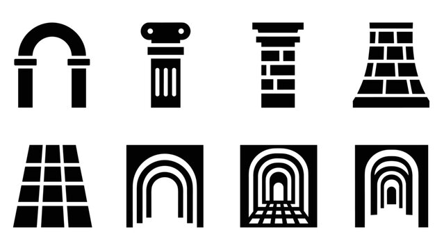 Collection of architectural elements and structures, including arches, columns, and tunnels