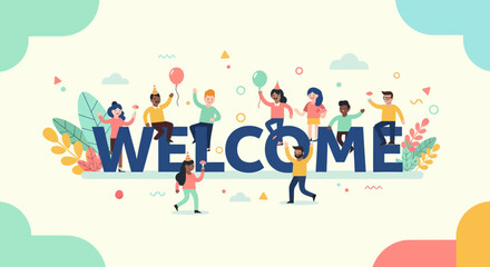 Fototapeta premium Colorful Welcome Sign with People Illustration.