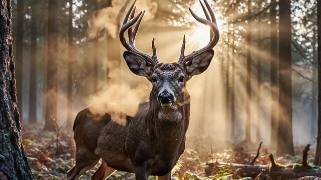 Majestic Deer Antler Forest Sunlight Morning Mist Wildlife Nature Animal Woodland Wild Scene