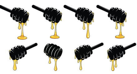 Honey dippers dripping with golden honey arranged in a grid pattern © Tm Studio