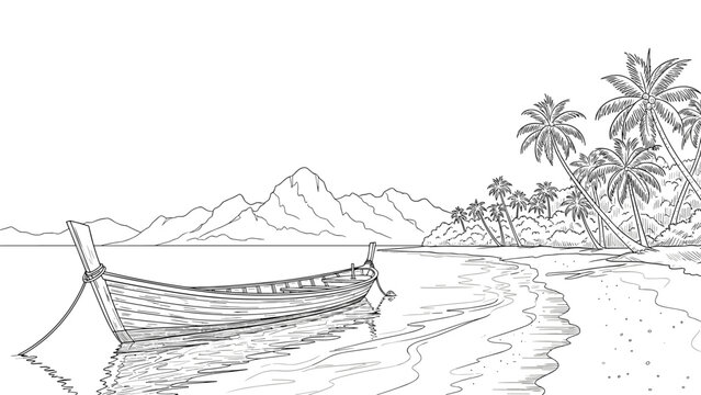 Serene tropical beach scene with a longtail boat moored near the shore