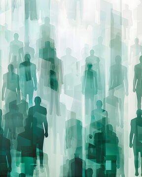 Abstract crowd silhouette background with layered green figures, public health and population data concept, epidemiology and social analytics design, vertical banner.