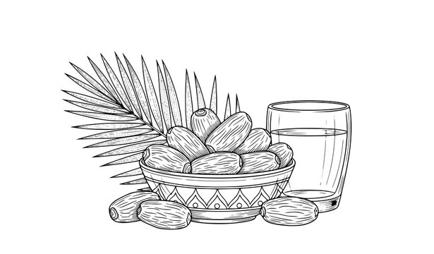 Black and White Dates Fruit Bowl with Palm Leaves Vector