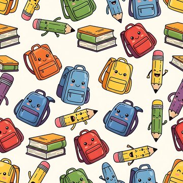 Colorful cartoon school backpacks and supplies set on white background for education and back to school concept