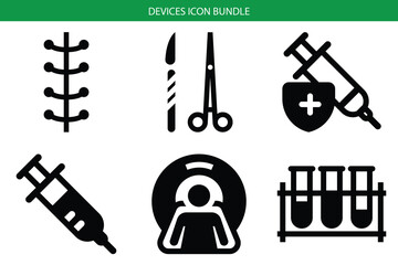 Medical devices icon bundle featuring various medical equipment and tools for healthcare professionals Vector, illustration