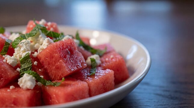 Fresh watermelon feta salad with mint on white plate