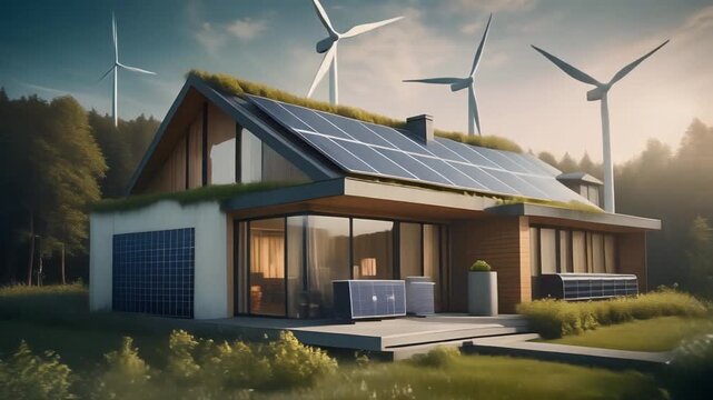 Self-sufficient eco home with wind turbines, solar windows and energy storage system. Modern off-grid sustainable house, renewable power, green architecture and energy independence concept.