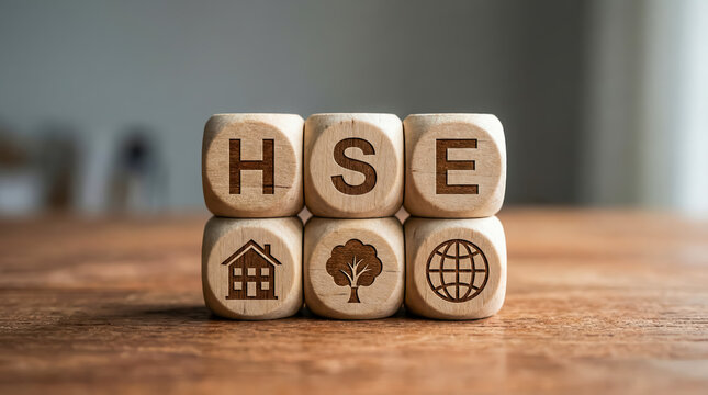 Wooden blocks spelling hse with icons for home, environment, and safety on a wooden table
