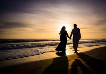 Couple Walking Hand in Hand on Beach at Sunset with Shadows in Sand