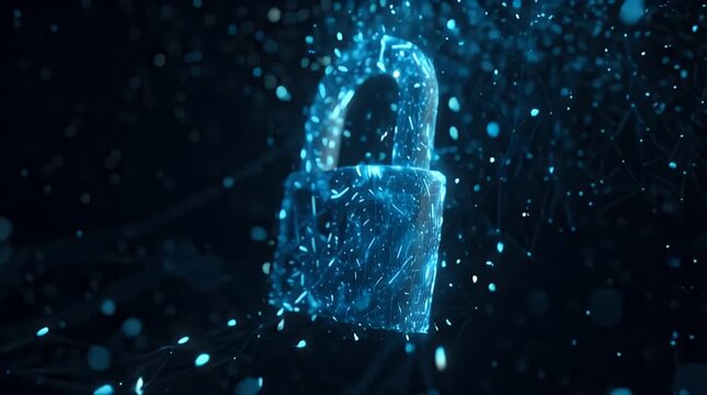 A digital padlock shatters into fragments amidst a dark, futuristic background with scattered blue particles and a technological ambiance.