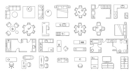Obraz premium Floor Plan Blueprint Furniture Icons – Linear Interior Architectural Layout for Duplex and Loft Design