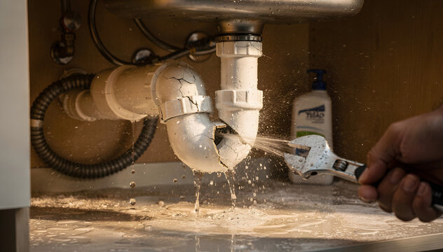 Close-up of a broken and leaking sink trap, with water spraying out as a person attempts to fix it with an adjustable wrench under a kitchen counter