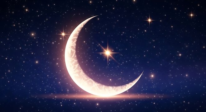A bright crescent moon shines in a dark night sky filled with countless sparkling stars and a prominent starburst